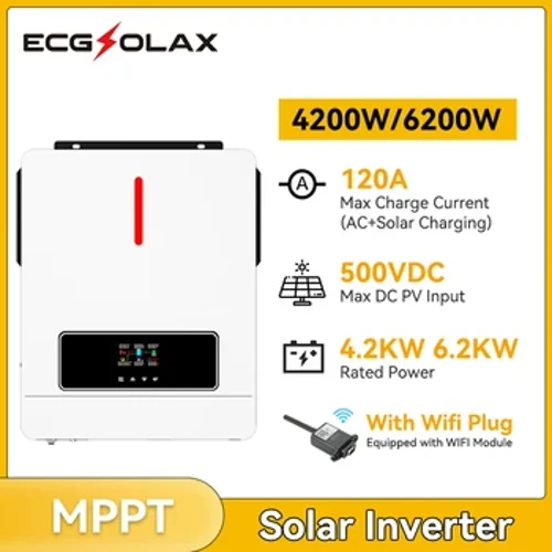 ECGSOLAX 4.2KW 6.2KW Pure Sine Wave Solar Hybrid Inverter 24V 48V 220Vac With 120A MPPT Controller PV Max 500VDC Solar Inverter