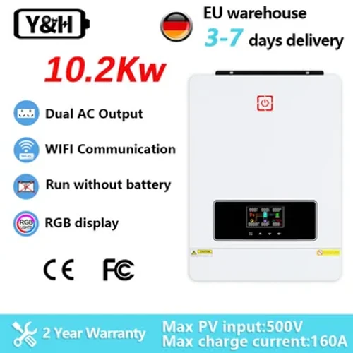 Y&H 10Kw Solar İnvertör Kapalı/Açık Kablo Bağlantısı 48V 230VAC Mppt 160A Solar Hibrit İnvertör Fotovoltaik Giriş 90-500V Çift AC Çıkış