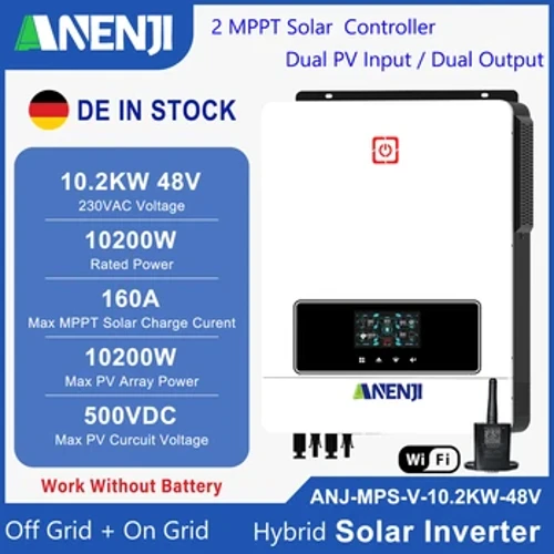 Inverter Gréine Hibrideach 10.2KW 6.2KW 48V MPPT 230V Inversor Fótavoltach Pure Sine Wave Tógtha i 160A 120A Rialaitheoir Gréine PV500V