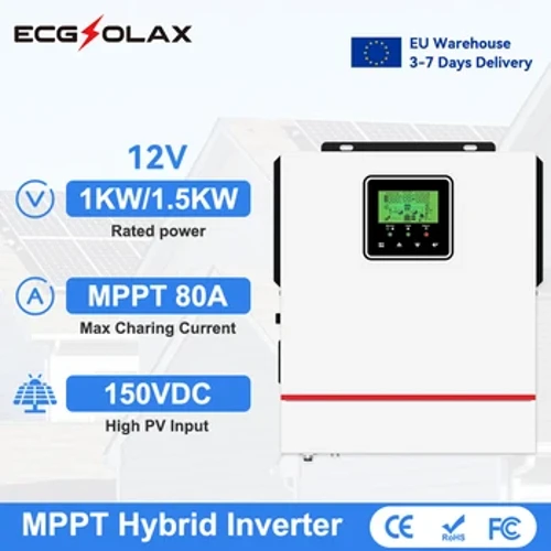 ECGSOLAX 1KW Hybrid Solar Inverter 12V 220V Pure Sine Wave Hybrid Inverter 1000W dengan MPPT 80A Pengisian Controller Max PV 150VDC