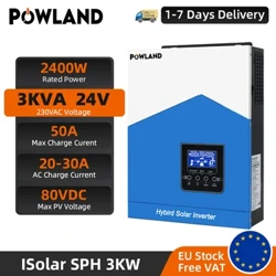 POWLAND 3000W Gwrthdröydd Solar 24V 220V Pur Sine Wave Hybrid Solar Gwrthdröydd 50A 2.4KW PWM Solar Charger Rheolwr Cartref Offer