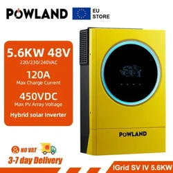 POWLAND 5.6KW Hybrid Solar Inverter 230vac MPPT 120A Solar Charger PV input 6000W Pure Sine Wave Inverter ჩამონტაჟებული Wi-Fi BMS