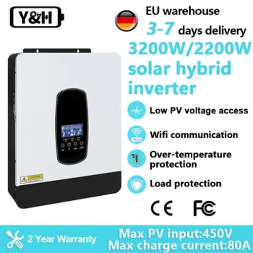 Y&H Gwrthdröydd Solar Mppt 3200W 2200W 24V Solar Hybrid Gwrthdröydd 12v I 220v Pur Sine Wave 55-450VDC Grid Clymu Gwrthdröydd 80A Charger