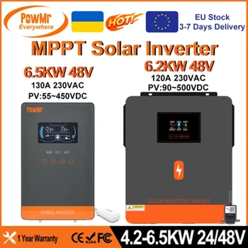 PowMr 6,5 кВт 4,5 кВт 6,2 кВт 4,2 кВт Гибридный солнечный инвертор 48 В 24 В до 230 В переменного тока с Wi-Fi MPPT 150A 130A 120A Зарядное устройство может работать без аккумулятора