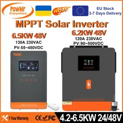 PowMr 6,5 кВт 4,5 кВт 6,2 кВт 4,2 кВт Гибридный солнечный инвертор 48 В 24 В до 230 В переменного тока с Wi-Fi MPPT 150A 130A 120A Зарядное устройство может работать без аккумулятора