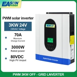3000W 24V quyosh invertor 230VAC 3Kva sof sinus toʻlqinli PV kirish 80VDC 50A PWM zaryadlovchi invertor 50hz 60hz gibrid invertor