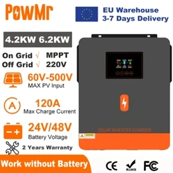 PowMr 6.2KW 4.2KW Hybrid Solar Inverter on Grid Pure Sine Wave Inverter 24V 48V 230V Dual Output me MPPT 120A Solar Charger