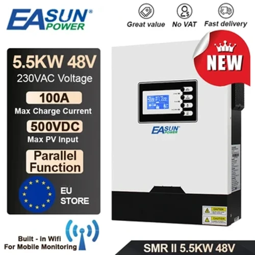 Easun 5.5kw 500vdc mppt inversor solar de onda senoidal pura entrada pv 230v 48v 100a carregador solar 5500w inversor híbrido wi-fi embutido