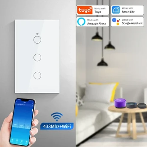 Tuya WiFi Smart Switch 1/2/3/4Gang trådlös RF 433MHz Touch Sensor Switch Fungerar med Alexa Google Home Ingen neutral kabel krävs
