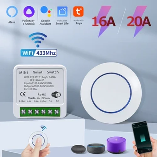 20A Tuya WiFi Smart Switch 16A RF 433Mhz vezeték nélküli relé vevő mini kerek paneles kapcsoló Alexa Google Home Alice hangvezérlés
