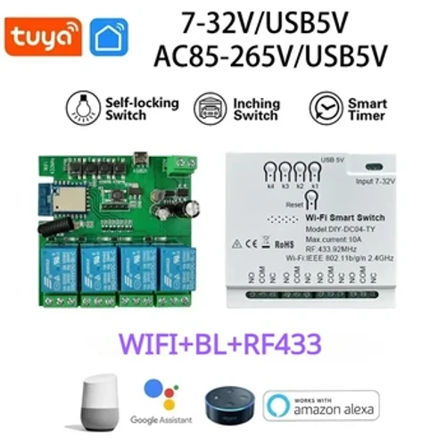 Tuya Wifi RF 4 kanālu modulis 85-265V garāžas durvju vārtu sensors aizkars ūdens sildītājs motora relejs TV gaismas galda lampas viedais slēdzis
