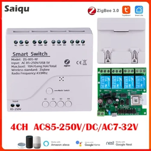 4CH Zigbee Tuya Smart Home Relay Module 85-250V Relay AC DC 7-32V 85-250V Deluje Alexa Google Assistant Pametno stikalo za luči
