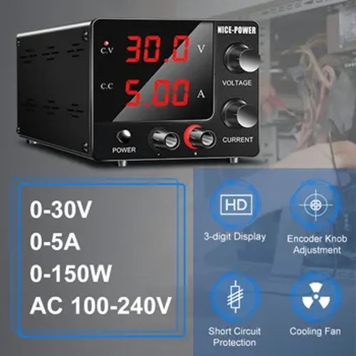 God kraft Laboratorie DC strømforsyning Justerbar 0-30V 0-5A Variabel strømforsyning Spenningsregulator Vedlikehold Arbeidsbenk DIY