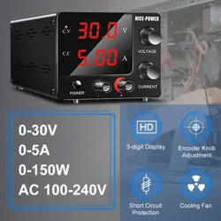 Sursă de curent CC pentru laborator Nice-power, reglabilă 0-30V 0-5A, sursă de alimentare variabilă, regulator de tensiune, banc de lucru pentru întreținere, bricolaj